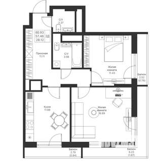 2-к квартира, вторичка, 61м2, 20/24 этаж