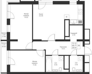 2-к квартира, вторичка, 72м2, 12/24 этаж