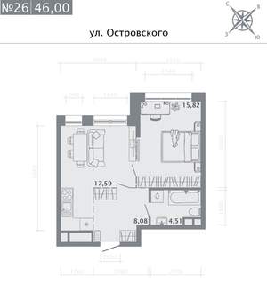 1-к квартира, вторичка, 46м2, 4/8 этаж
