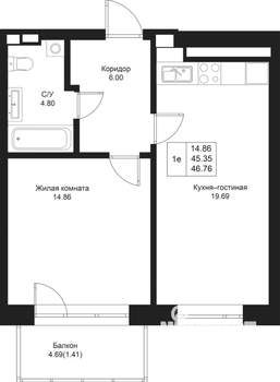 1-к квартира, вторичка, 47м2, 4/5 этаж