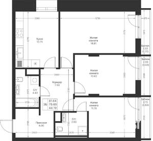3-к квартира, вторичка, 82м2, 4/25 этаж