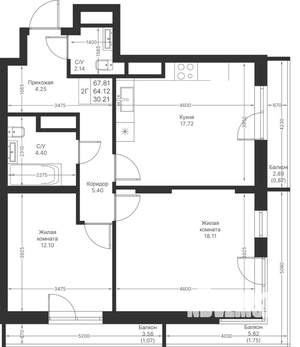 2-к квартира, вторичка, 68м2, 20/24 этаж