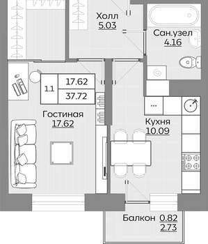1-к квартира, вторичка, 38м2, 2/24 этаж