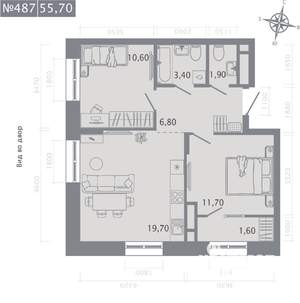 2-к квартира, строящийся дом, 56м2, 11/23 этаж
