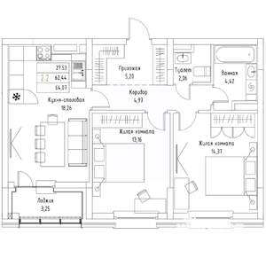 2-к квартира, вторичка, 64м2, 2/9 этаж
