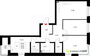 3-к квартира, вторичка, 76м2, 6/22 этаж