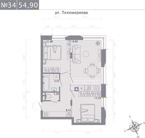 2-к квартира, строящийся дом, 55м2, 2/5 этаж