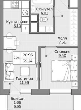 2-к квартира, вторичка, 39м2, 16/24 этаж