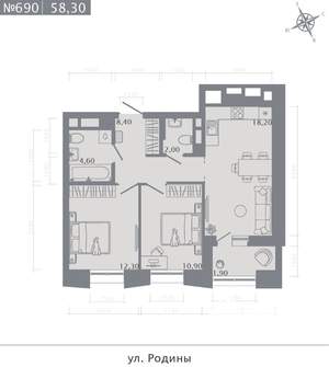 2-к квартира, строящийся дом, 58м2, 20/23 этаж