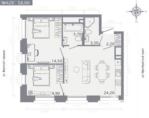 2-к квартира, строящийся дом, 58м2, 8/25 этаж