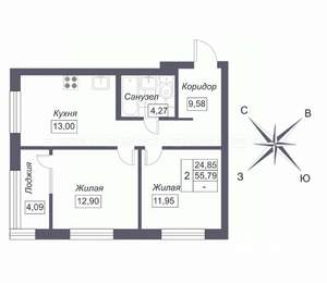 2-к квартира, вторичка, 56м2, 2/19 этаж