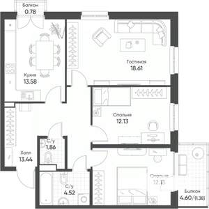 3-к квартира, строящийся дом, 78м2, 7/8 этаж