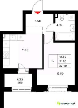 1-к квартира, вторичка, 33м2, 7/22 этаж