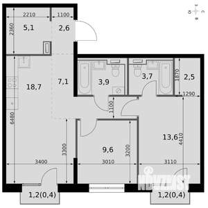 3-к квартира, вторичка, 68м2, 6/19 этаж