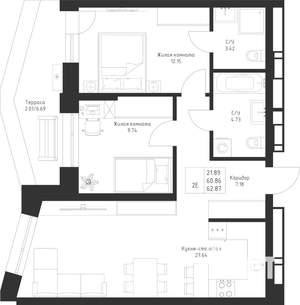 2-к квартира, вторичка, 63м2, 5/23 этаж