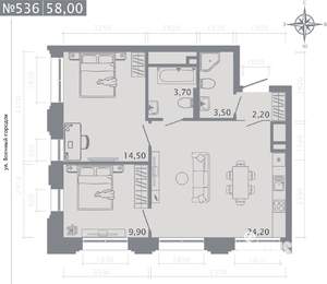 2-к квартира, строящийся дом, 58м2, 20/25 этаж