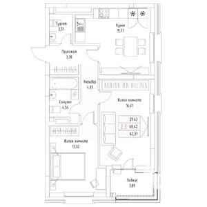 2-к квартира, вторичка, 62м2, 3/9 этаж