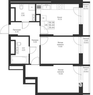 2-к квартира, вторичка, 58м2, 22/24 этаж