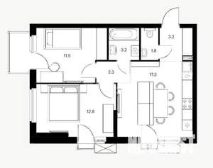 2-к квартира, вторичка, 53м2, 8/18 этаж