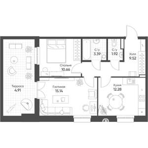 2-к квартира, строящийся дом, 58м2, 3/8 этаж