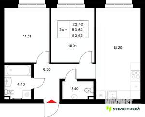 2-к квартира, вторичка, 54м2, 4/22 этаж