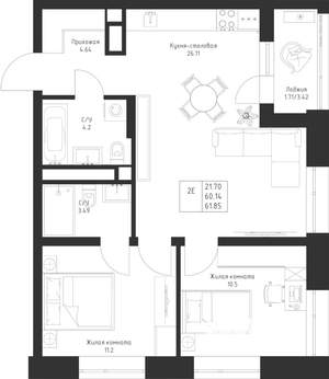 2-к квартира, вторичка, 62м2, 9/23 этаж