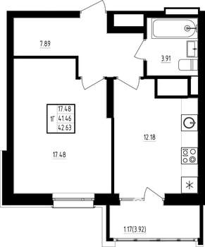 1-к квартира, строящийся дом, 43м2, 15/19 этаж