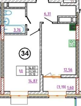 1-к квартира, вторичка, 39м2, 3/9 этаж