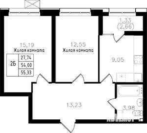 2-к квартира, строящийся дом, 55м2, 7/15 этаж