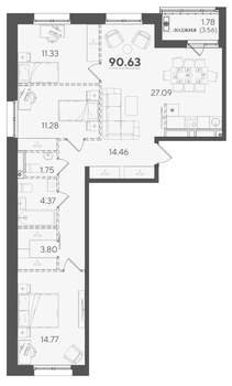 3-к квартира, строящийся дом, 91м2, 4/7 этаж