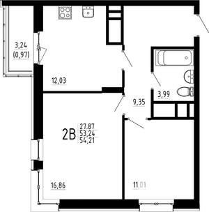 2-к квартира, строящийся дом, 54м2, 14/23 этаж