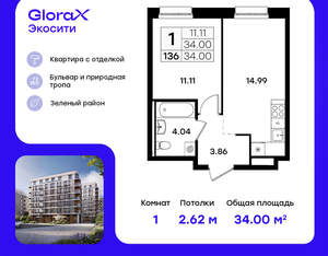 1-к квартира, вторичка, 34м2, 2/11 этаж