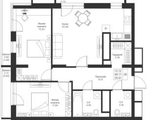 2-к квартира, вторичка, 72м2, 10/25 этаж