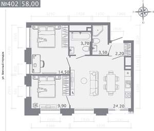 2-к квартира, строящийся дом, 58м2, 5/25 этаж