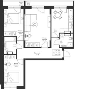 3-к квартира, вторичка, 77м2, 6/24 этаж