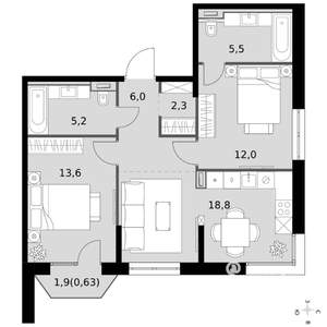 3-к квартира, вторичка, 64м2, 13/19 этаж