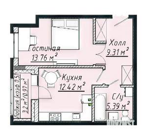 1-к квартира, строящийся дом, 43м2, 2/7 этаж
