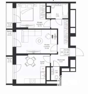 2-к квартира, строящийся дом, 54м2, 12/26 этаж