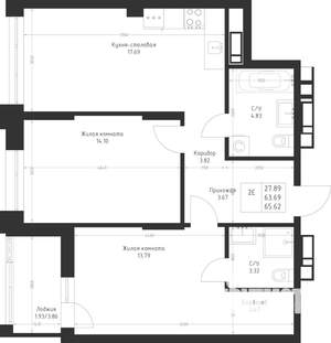 2-к квартира, вторичка, 66м2, 3/23 этаж