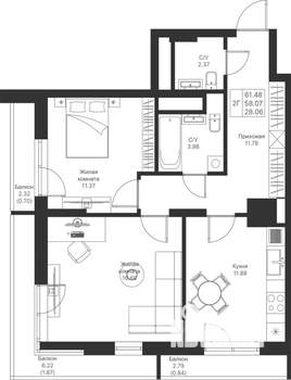 2-к квартира, вторичка, 61м2, 11/24 этаж