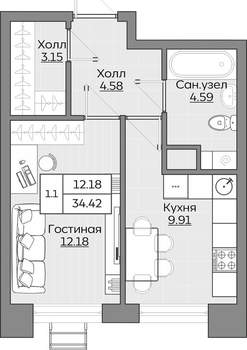 1-к квартира, вторичка, 34м2, 6/24 этаж