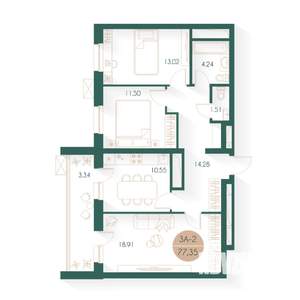 3-к квартира, строящийся дом, 77м2, 16/24 этаж