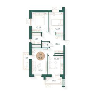 3-к квартира, строящийся дом, 75м2, 14/17 этаж
