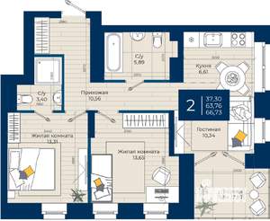 2-к квартира, вторичка, 67м2, 5/20 этаж