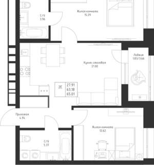 2-к квартира, вторичка, 65м2, 12/23 этаж