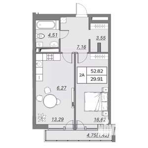 2-к квартира, вторичка, 53м2, 2/9 этаж