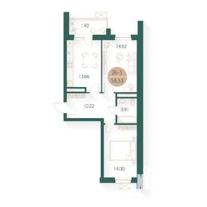 2-к квартира, вторичка, 58м2, 9/17 этаж