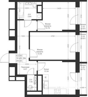 2-к квартира, вторичка, 54м2, 12/24 этаж