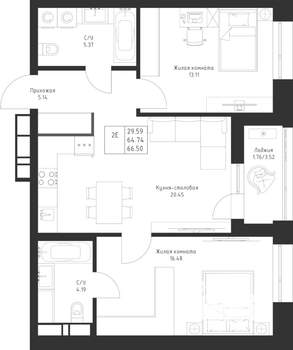2-к квартира, вторичка, 67м2, 7/23 этаж