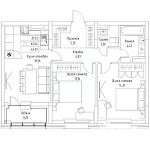 2-к квартира, вторичка, 64м2, 6/9 этаж